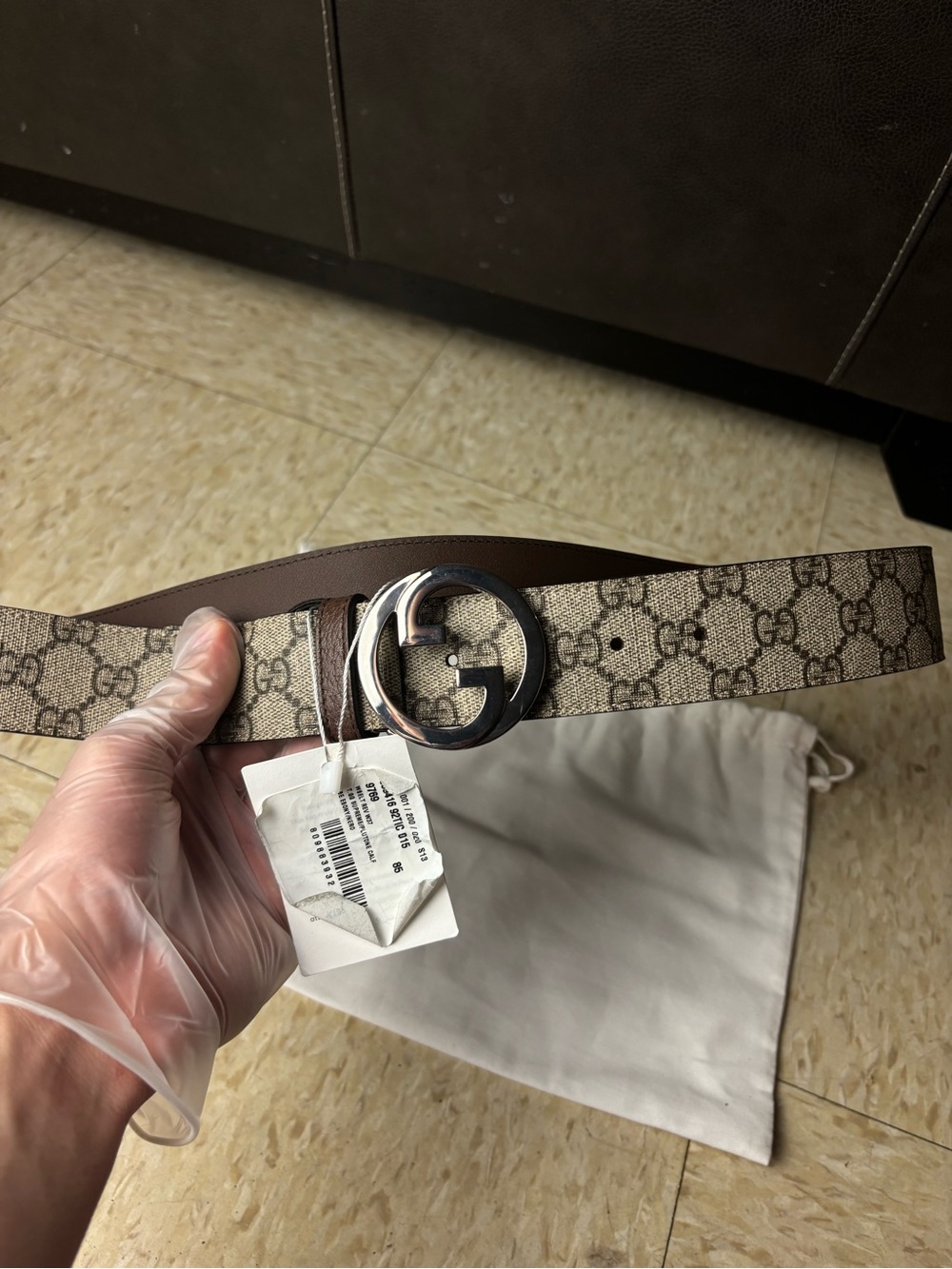 Gucci Beige Brown GG Supreme Canvas Belt with Silver Interlocking G